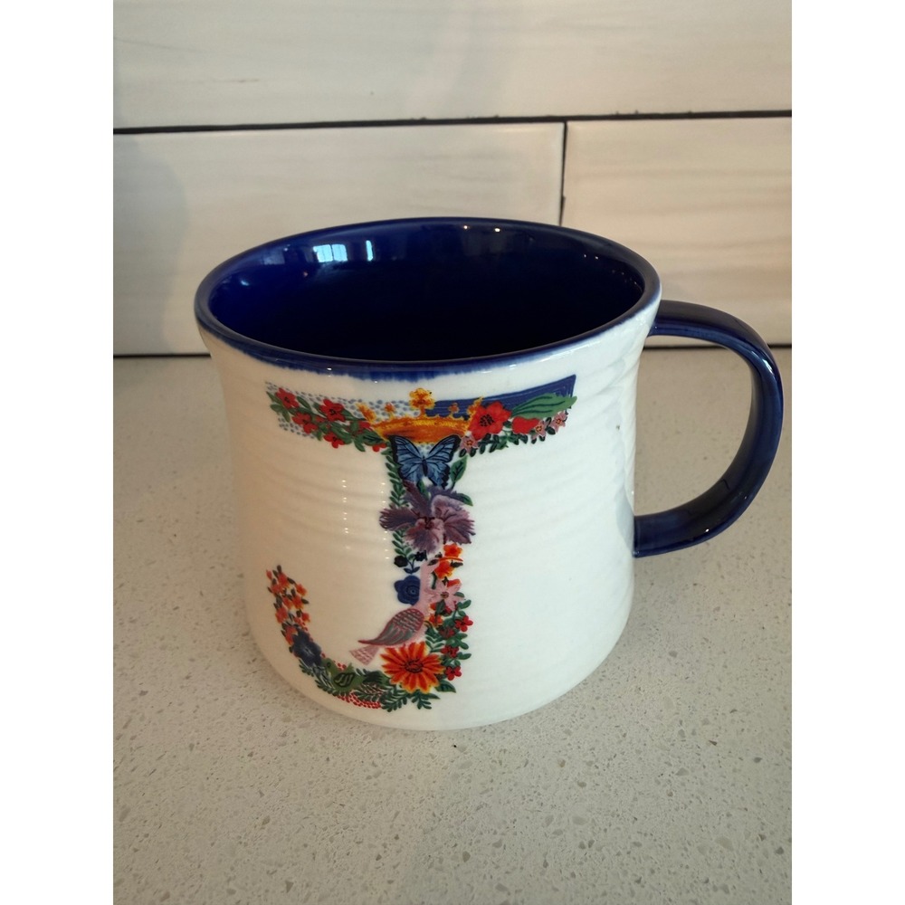 Nathalie Lete Anthropologie Monogram J Mug Bunny Floral 12 oz Blue White Ceramic